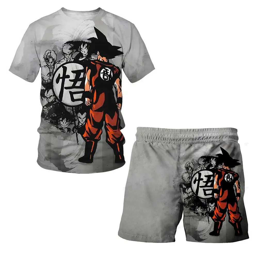 

2026 Summer Dragon Ball Goku Ink Wash Go Symbol Cosplay T-shirt Suit 3D Print Retro Oversized T-Shirt & Shorts for Unisex Kids