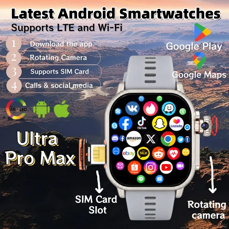 NEW Smart Watch Android 4G/5G SIM Card 2.06inch AMOLED GPS WIFI Pull out Rotating Camera Video Call Google Play Men Women Kids