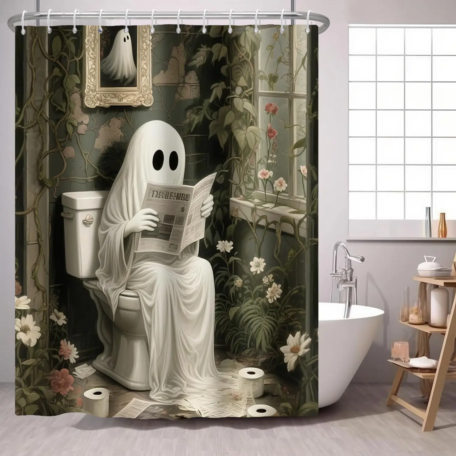 

Хэллоуин Забавный Призрак Занавеска Для Душа Призрак Сидя на Туалете Читание Газета, Цветочная Лоза Туалетная Бумага Готическая Ткань Душ Cur