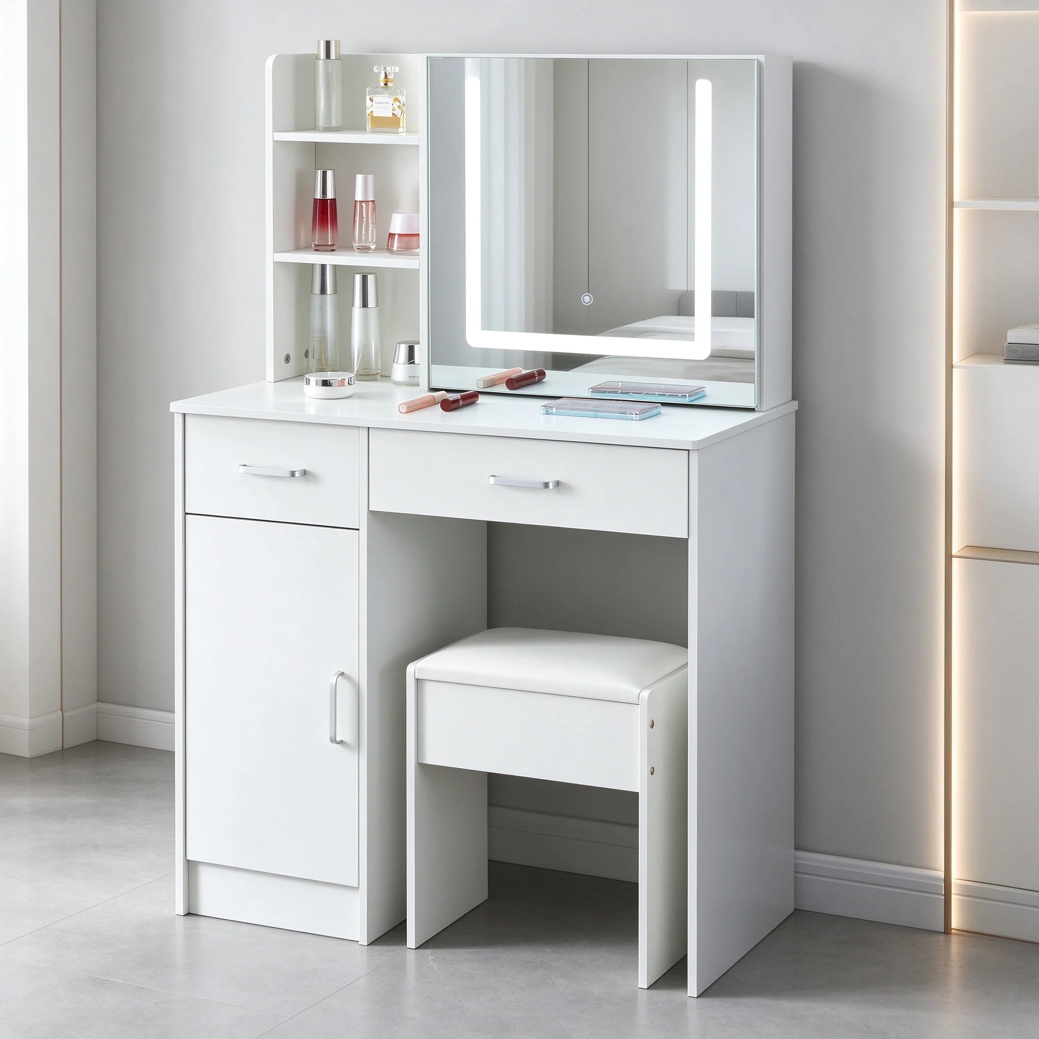 White Padded Vanity Stool, Soft Cushion Makeup Dressing Stool Modern Bedroom Dresser Seat for Cosmetic Table