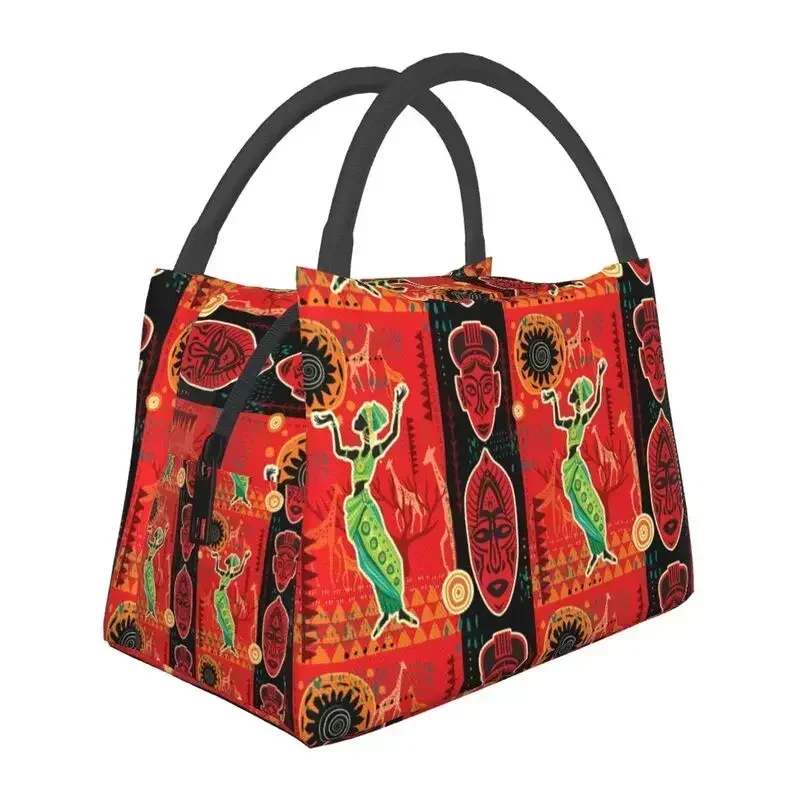 African Ethnic Motifs Insulated Lunch Bags Women Africa Art Culture Resuable Lunch Tote for Work Travel Storage Meal Food Box