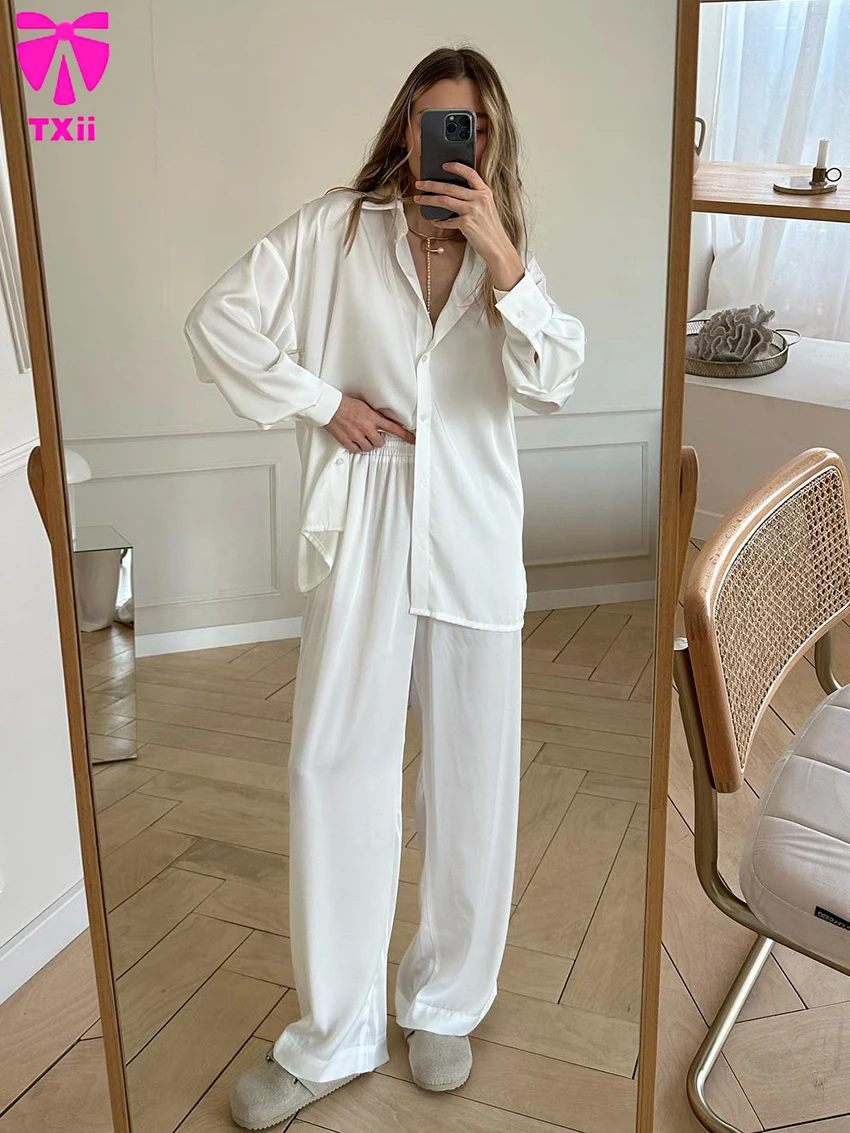 TXii Loose Ladies Nightwear 2 Piece Set Turn-Down Collar Nightgowns Long Sleeve Sleepwear Wide Leg Pants Women Pajama Suit