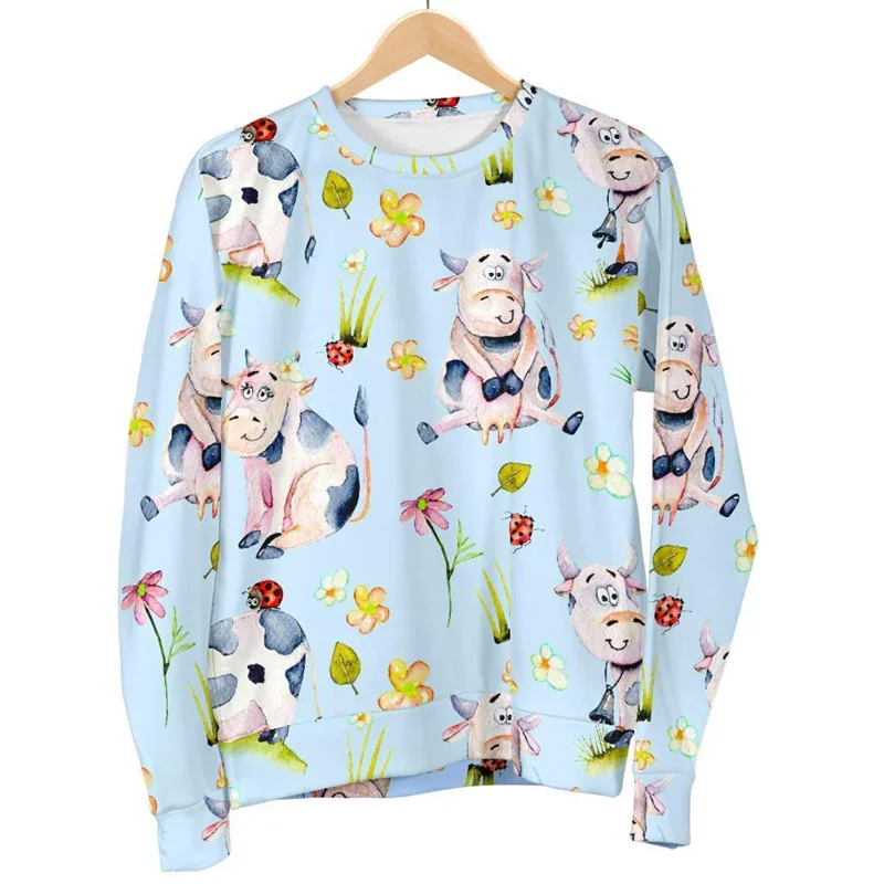 

New 3D Printing Cute Cow Hoodie Men Women Fashon Animal Graphic Sweatshirts Fashion Long Sleeves Round Neck Oversized Hoodies