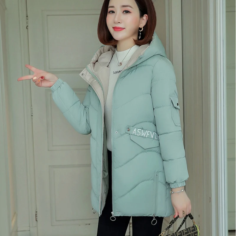 

Korean Style Loose Cotton Down Jacket Woman 2023 Winter Mid-Length Chic Hooded Outwear Female New Thick Warm Fashion Parker Coat