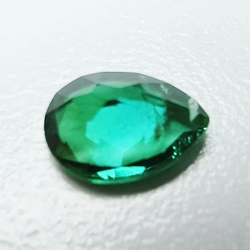 Lab Grown Zambian Emerald Hydrothermal Hand Cut Pear Shape Cracks Inclusions Inside Synthetic Gemstone Selectable Certificate