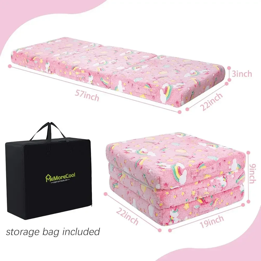 휴대용 핑크 유니콘 접이식 매트리스, 유아 낮잠 매트, 데이케어 수면용 푸톤, 57x22 인치