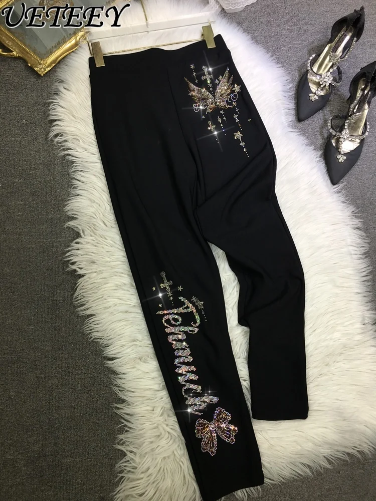 

Heavy Industry Rhinestone Leggings for Women High Waist Slimming Versatile Autumn Winter Black Skinny Nine-point Pants