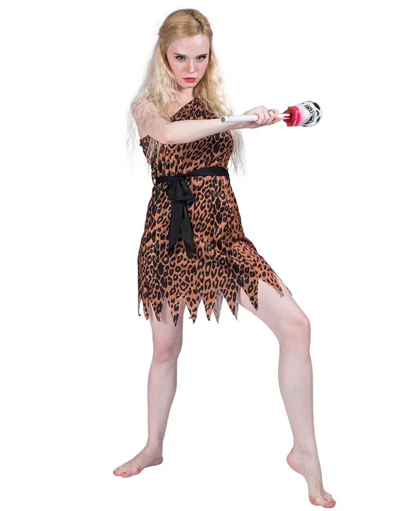 Cave Women Costume Halloween Cosplay Anime One Shoulder Leopard Print Dress Primitive Savage Stage Performance Wear 2024