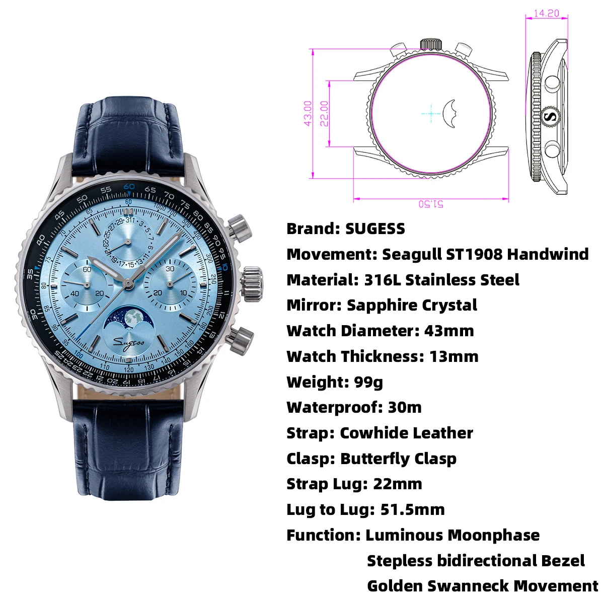 Sugess Chronograph Watch of Man ST1908 Swanneck Movement