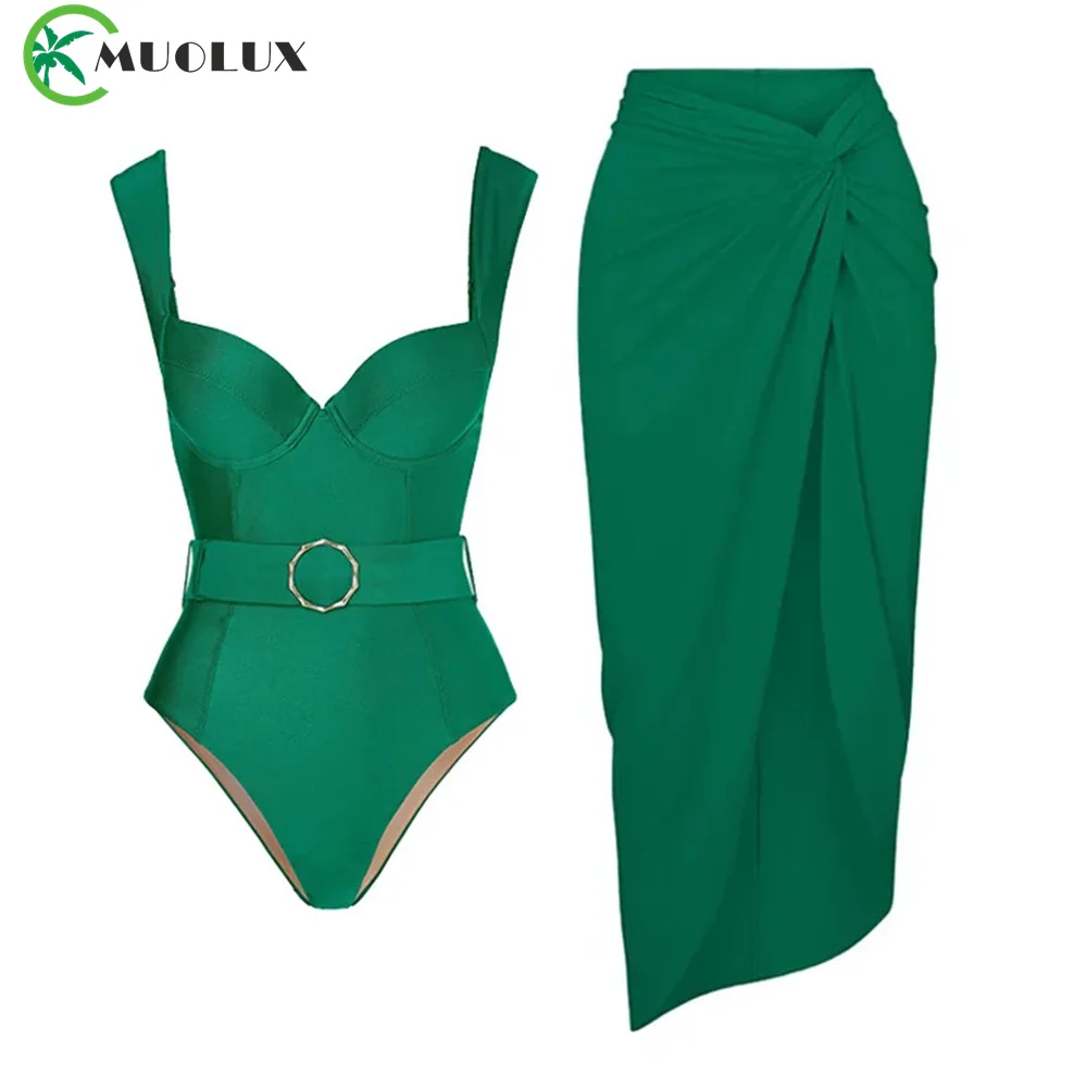 

Solid Green 2024 New Print One Piece Swimsuit For Women Swimwear With Skirt Bathing Suit Monokini Female Bodysuit Beach Wear