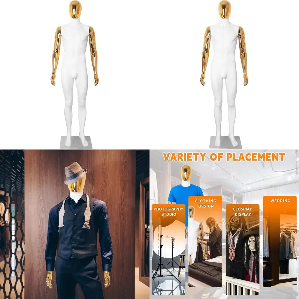 

Adjustable 73 Plastic Male Mannequin with Detachable Head, Metal Base, White Body, Gold Arms