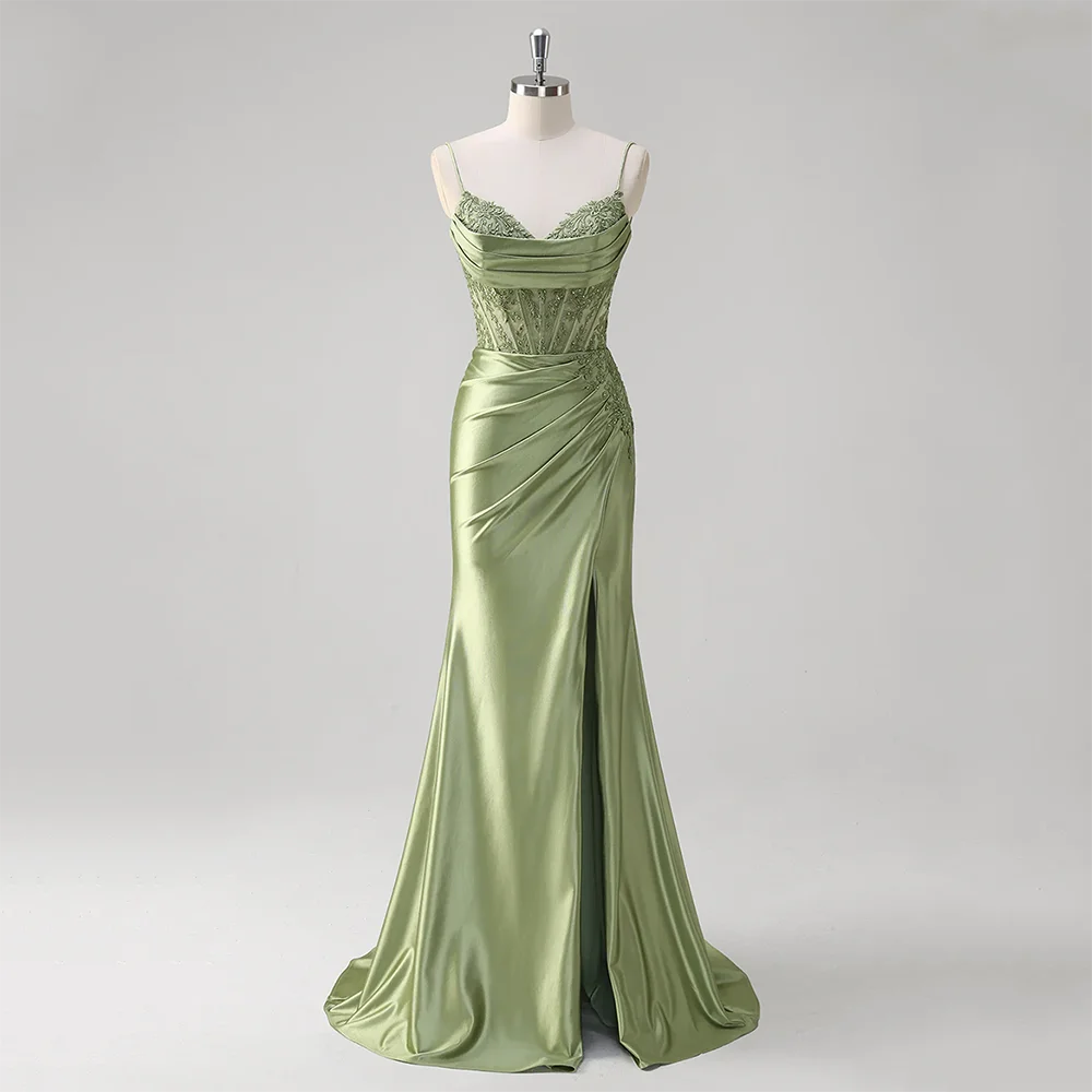 Msikoods vestido de noche de satén verde personalizado 2025 vestido de fiesta con corsé correa de espagueti con cuentas vestido de noche de fiesta de sirena con abertura larga