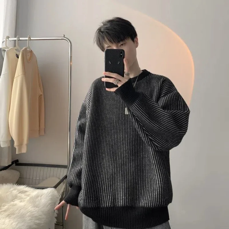 High Street Fashion Stripe Sweater Men Chic Soft and Sticky Autumn Winter Laziness Loose Knitted Casual All-match Pullovers