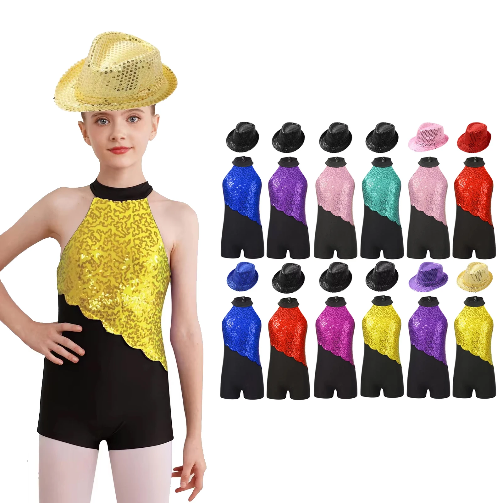 

Kids Girls Ballet Dance Leotard with Sequins Hat Sleeveless Bodysuit for Figure Skating Rhythmic Gymnastics Stage Performance