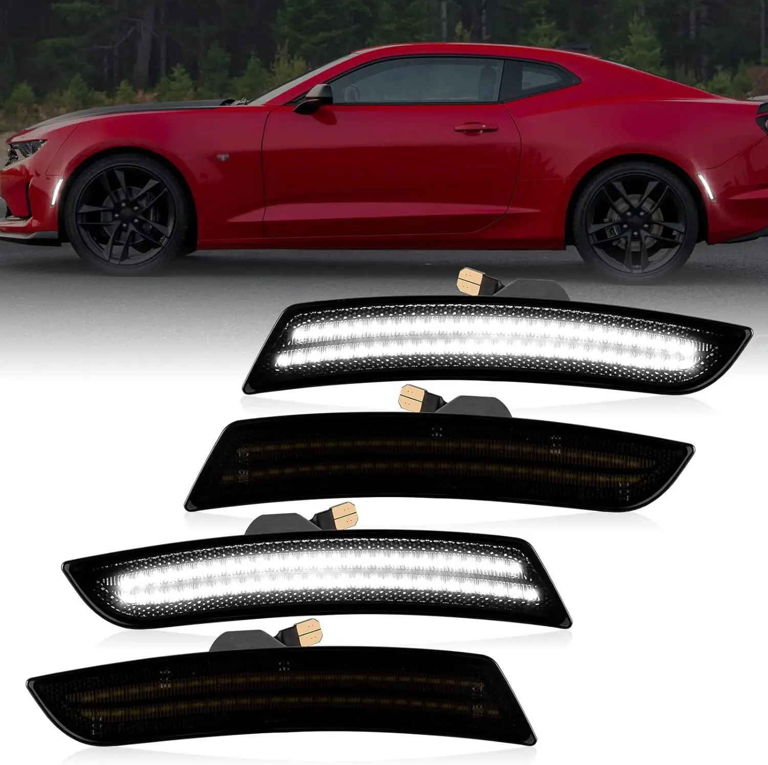 

4x White LED Side Marker Lights Front Rear Bumper Fender Marker Lamps For Chevy Camaro LS LT RS SS 1LE ZL1 2016 -2023 Smoke Lens