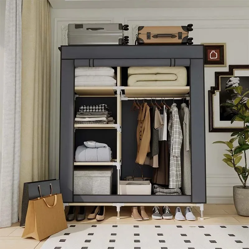 خزانة خزانة محمولة منظم تخزين الرف الملابس الأحذية الملابس الرف إطار معدني مقاوم للغبار غير المنسوجة النسيج دائم