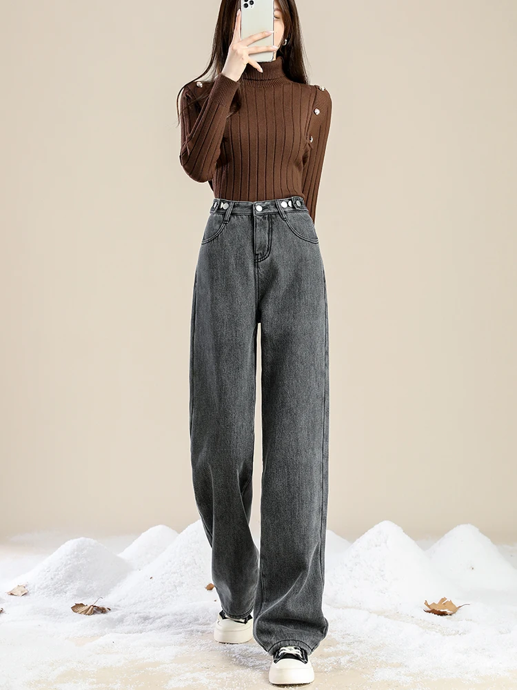 ฤดูใบไม้ผลิ ฤดูร้อน กางเกงยีนส์ขาตรงเอวสูงทรงหลวมสำหรับผู้หญิงไซส์ใหญ่ ผ้าฝ้ายผสมสไตล์เกาหลีลำลอง ช่วยพรางหุ่นให้ดูเพรียว