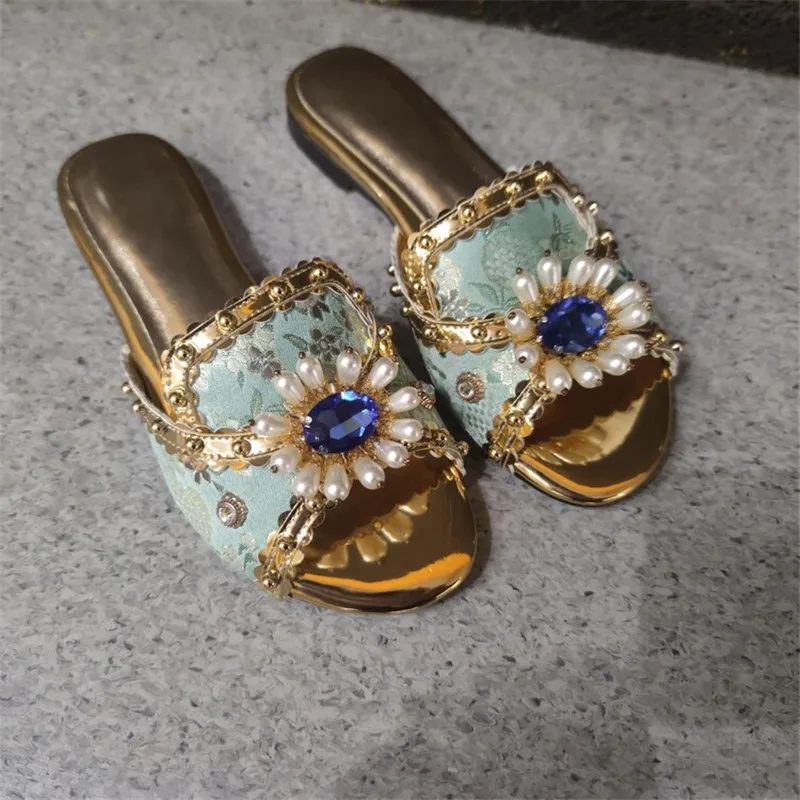 

Новые летние модные тапочки с цветочным принтом, женская обувь, женские тапочки с круглым носком, женские туфли ручной работы на низком каблуке на плоской подошве, размер 35-43