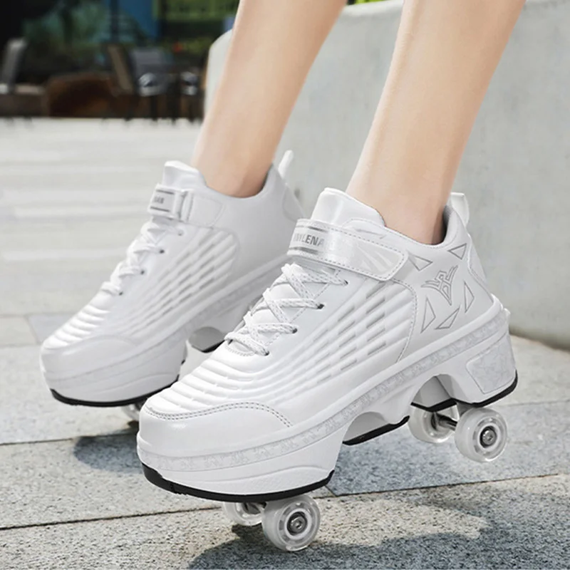 Roller Parkour Shoes 4 Roller Deformation Skates Shoes Kids Adults Unisex Sneakers Street Urban Fitness FSK Quad Skating Shoes