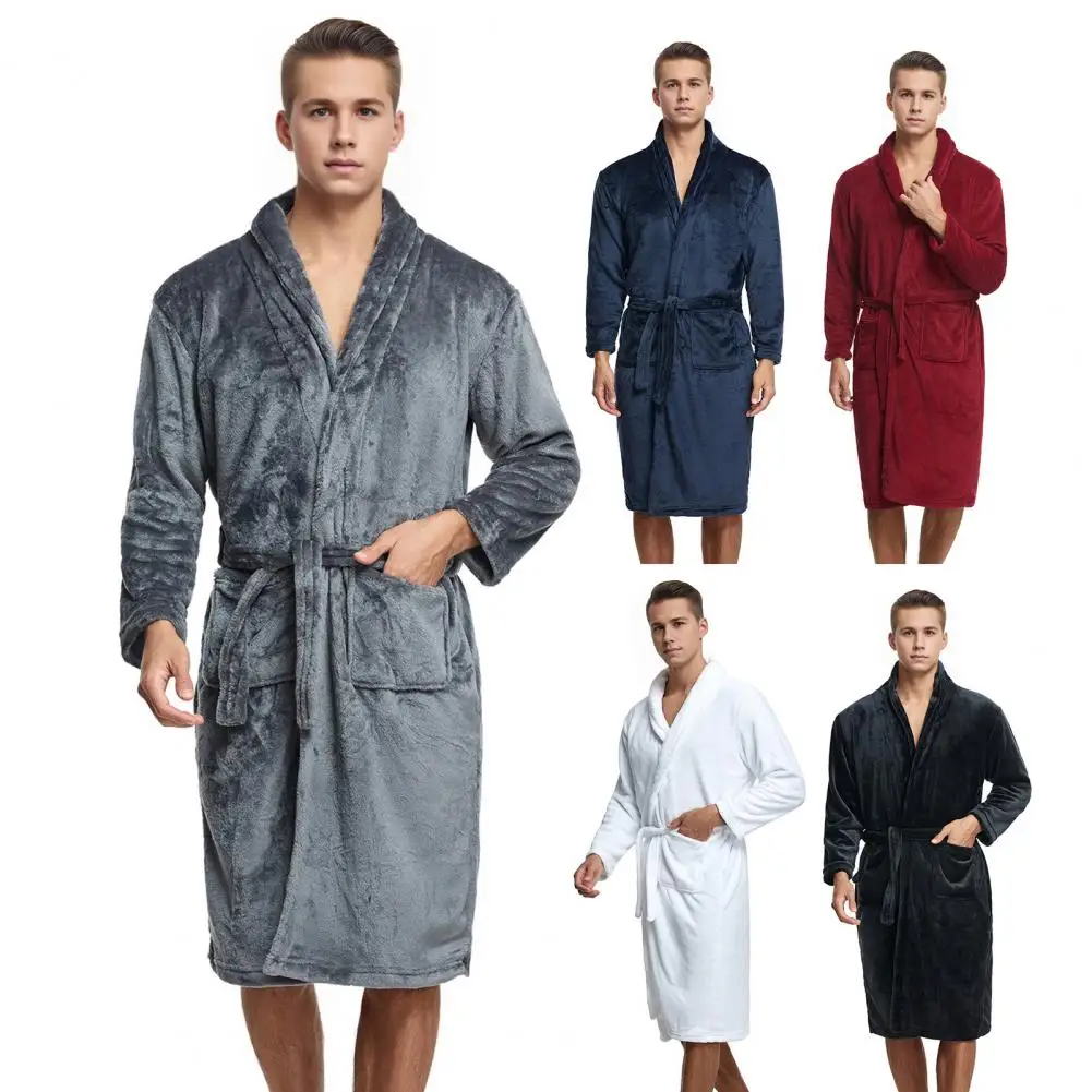 Men Flannel Nightgown With Pockets Solid Color Long Sleeve Lace-up Loungewear Open Front Knee-Length Men Lounge Sleepwear