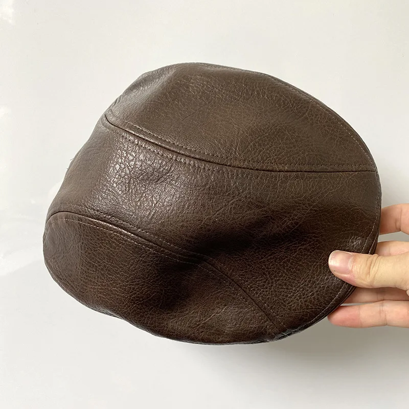 Vintage Leather Forward Beret Hat British Warm Peaked Cap Men Autumn Winter