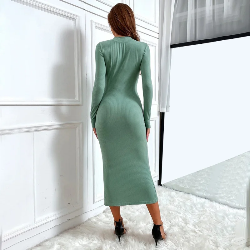 YQ1-Women's Spring Summer Elegant Commuting Sexy Slit Slim FitvLong Sleeve Dress with Collar Mid-Length Bodycon Dress