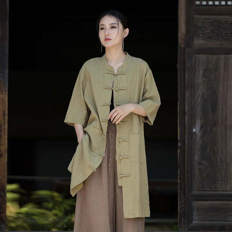 Cloth Clothing Retro Chinese Style Ramie Cotton Placket Mandarin Collar Mid-Length Shirt for Women Summer