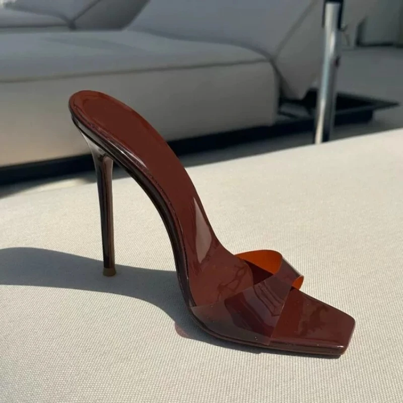 Yuejinlong Sexy Brown Clear PVC High Heel Square Toe Mules Stiletto Slingback Sandals Plus Size 33 to 46 Party Dress Shoes