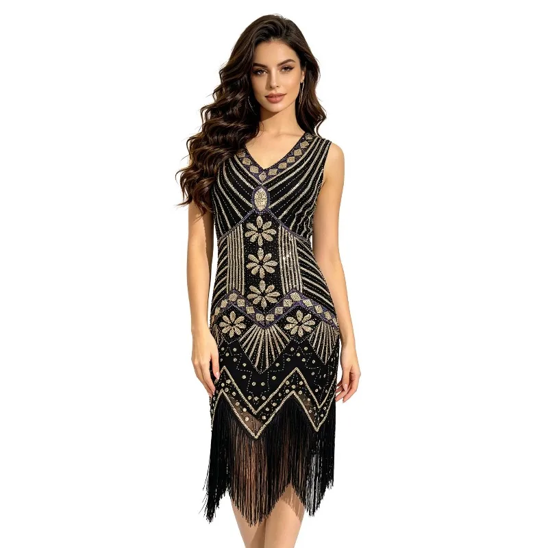 Vestido Flapper Vintage de los Años 20 para Mujer, Vestido Midi con Lentejuelas y Flecos, Cuello en V, Sin Mangas, Disfraz de Fiesta de los Años 20