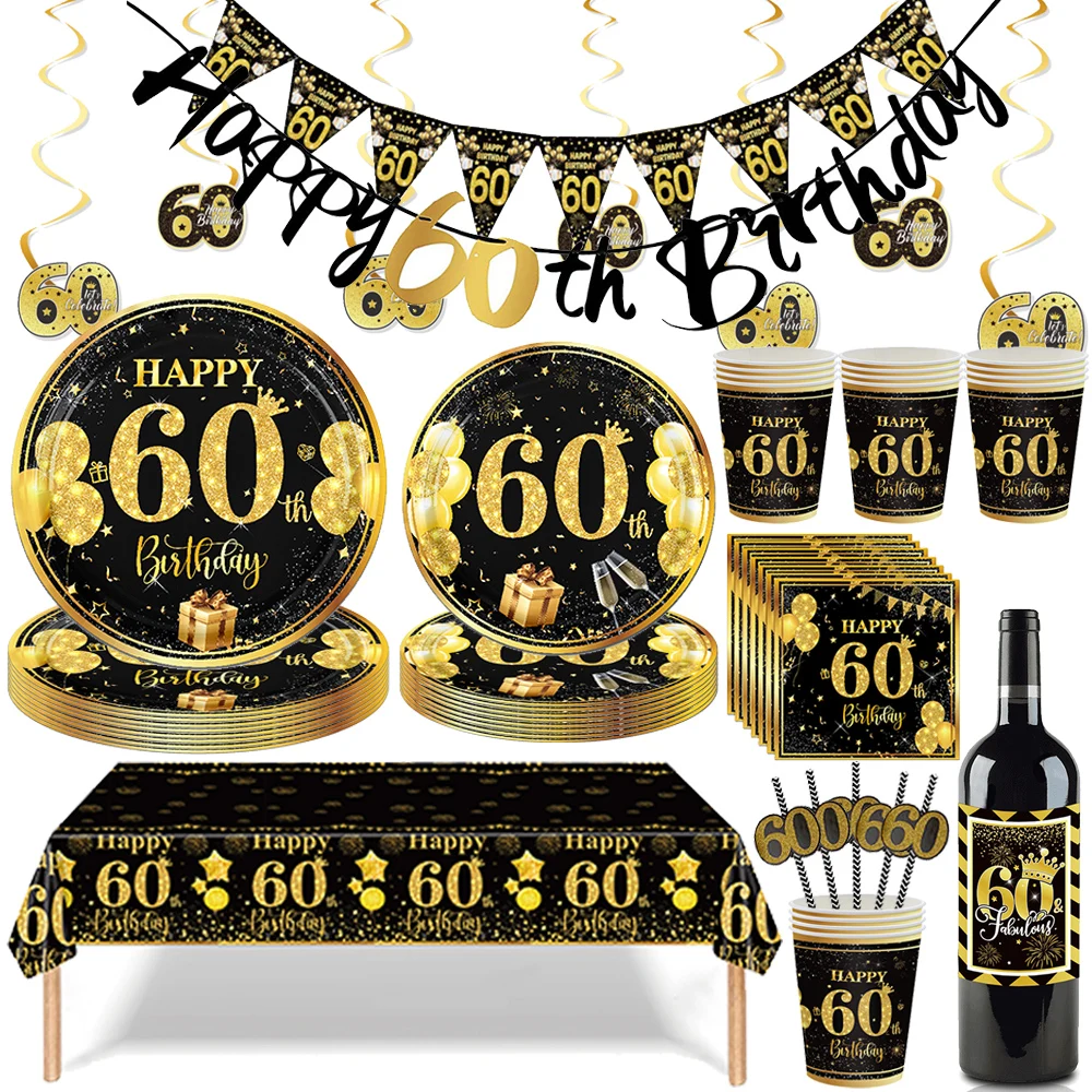 60. Geburtstag Party Dekorationen Pappteller Servietten Becher Banner Schwarz Gold 60 Jahre Alt Party Feier Dekorationen Zubehör – Detail 1