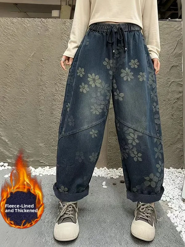 Women's Retro Embroidered Fleece Lined Thick Denim Jeans High Waist Slimming Casual Long Trousers Winter plus Size Cotton Pol...