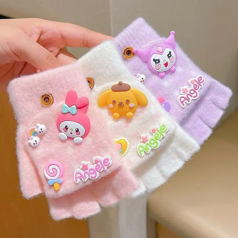 Guanti infradito per bambini Guanti mezze dita senza dita Sanrio Kuromi Cartoon per ragazzi e ragazze per tenere al caldo in autunno inverno
