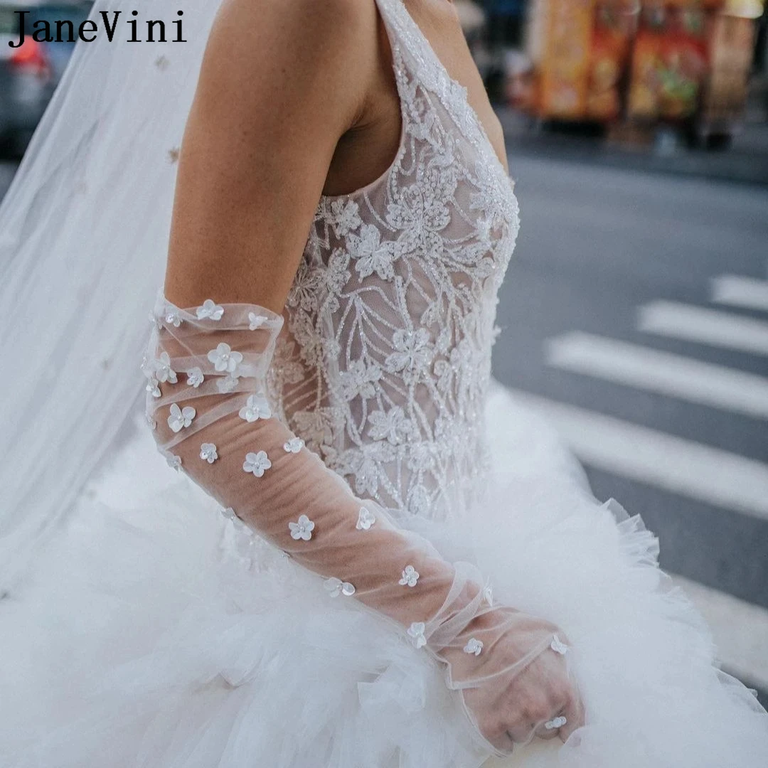 JaneVini White Sheer Tulle Bridal Gloves with Pearls Flowers Long See Through Women Wedding Party Bride Gloves Handschuhe Damen