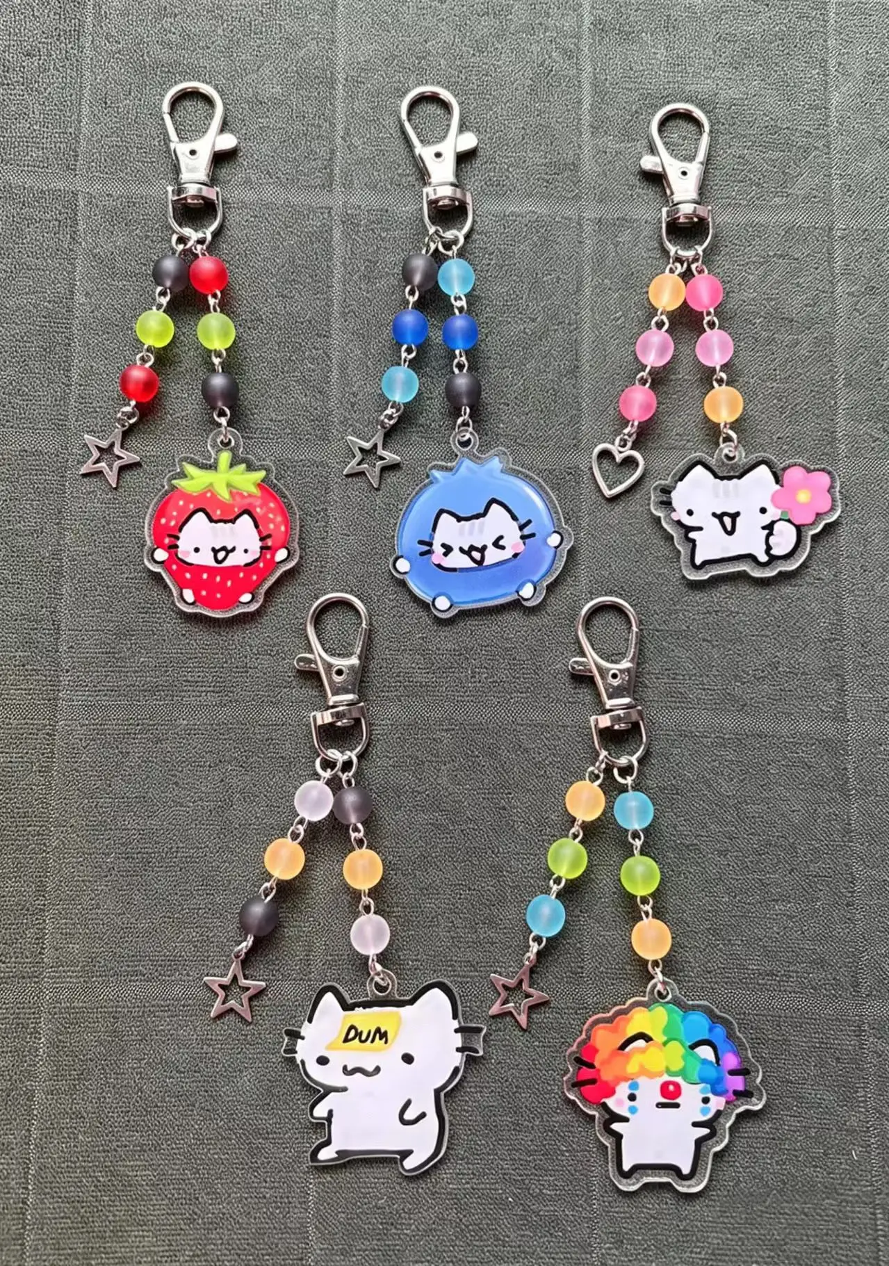 Acrylic Cat Charm Beaded Keychains – Kawaii Fruit, Star, Heart Charms