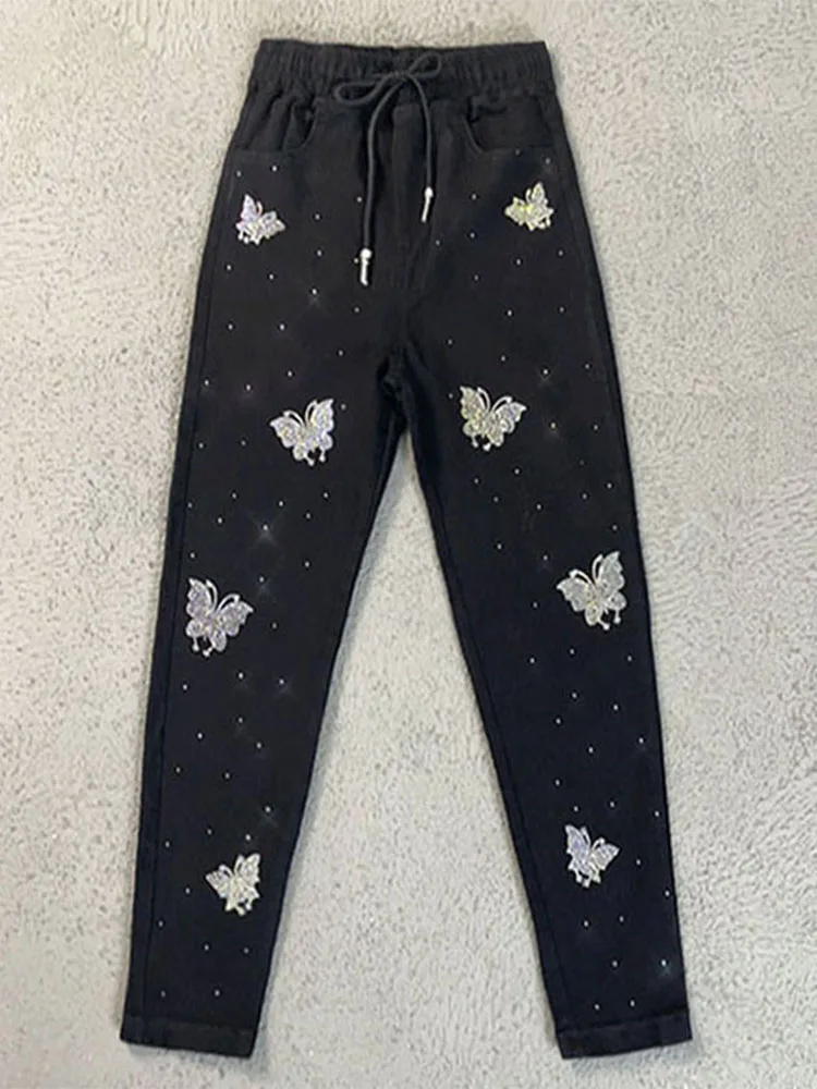 

Women's Elastic Waist Harlan Jeans Rhinestone Slimming Skinny Denim Pants mid Stretch Korean Style Straight Leg Jeans