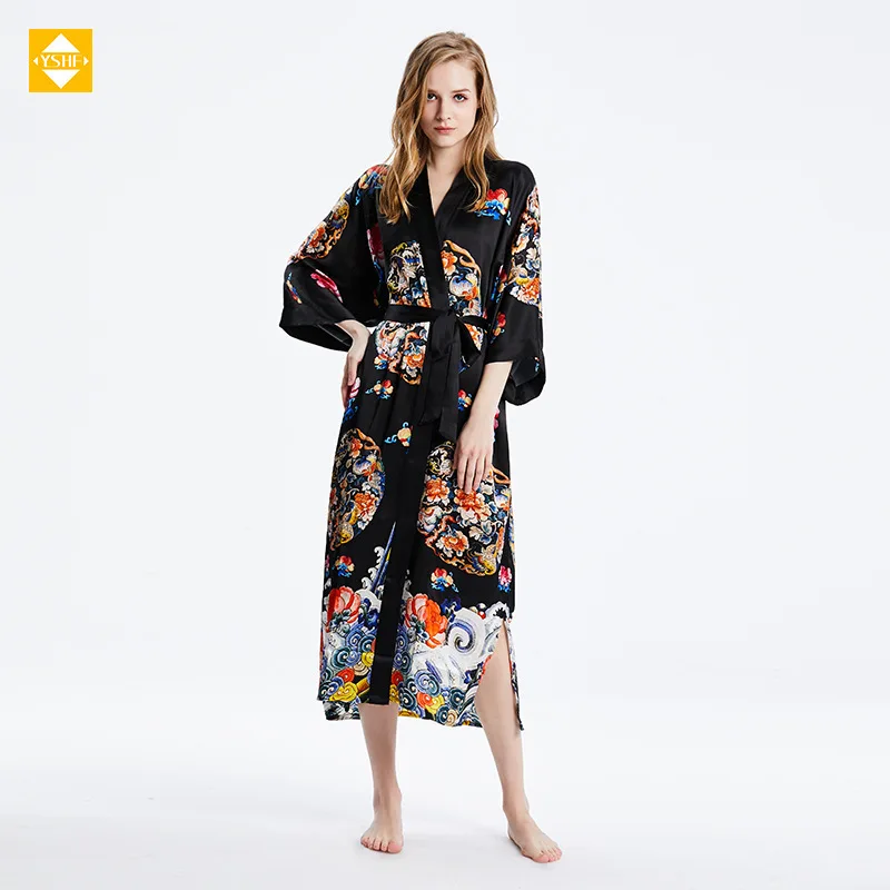 Summer Satin silk pajamas women\'s plus size loose bathrobe 100% Mulberry silk printed homewear Chinese style nightgown