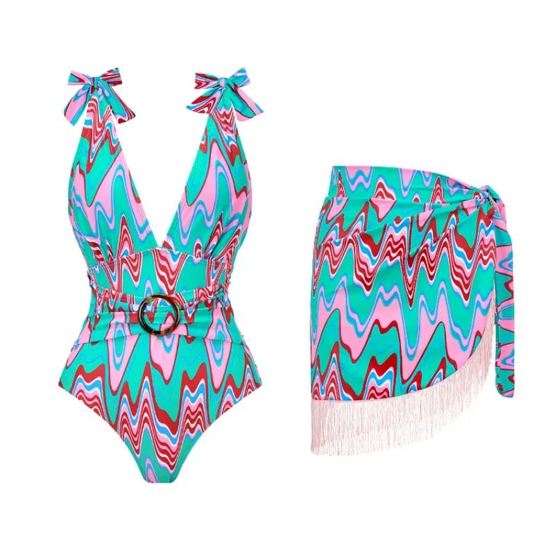 Traje de baño de una pieza con pajarita y correa para el hombro, traje de baño para mujer, falda con borlas, ropa de playa, traje de baño de lujo, nueva ropa de playa para vacaciones 2025