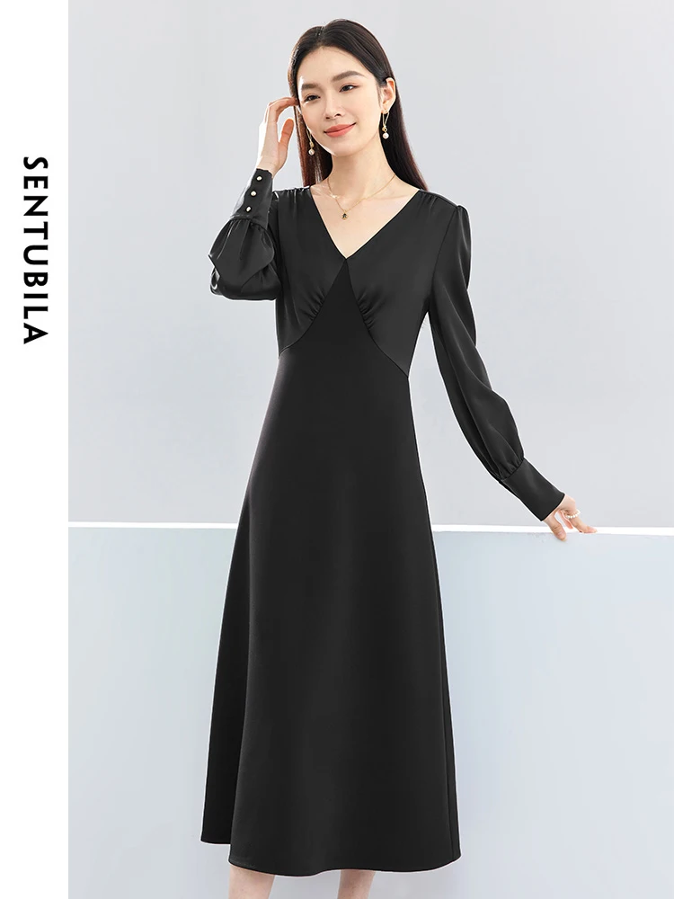 SENTUBILA Black Spliced V-neck Midi Dress Woman 2024 Elegant Solid Pullover Long Sleeve Spring Dresses Female Clothes 141L52952