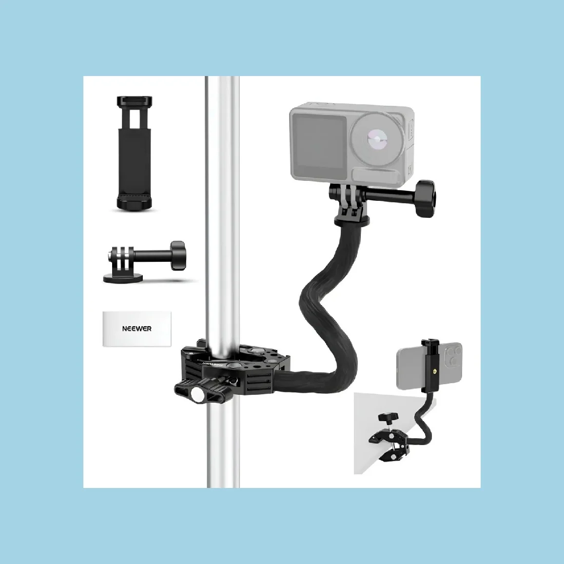 Neewer Action Camera Mount Kit with Super Clamp/Adapter /Phone Holder for Flat/Round Surfaces, GoPro/DJI Action Cam/Smartphone