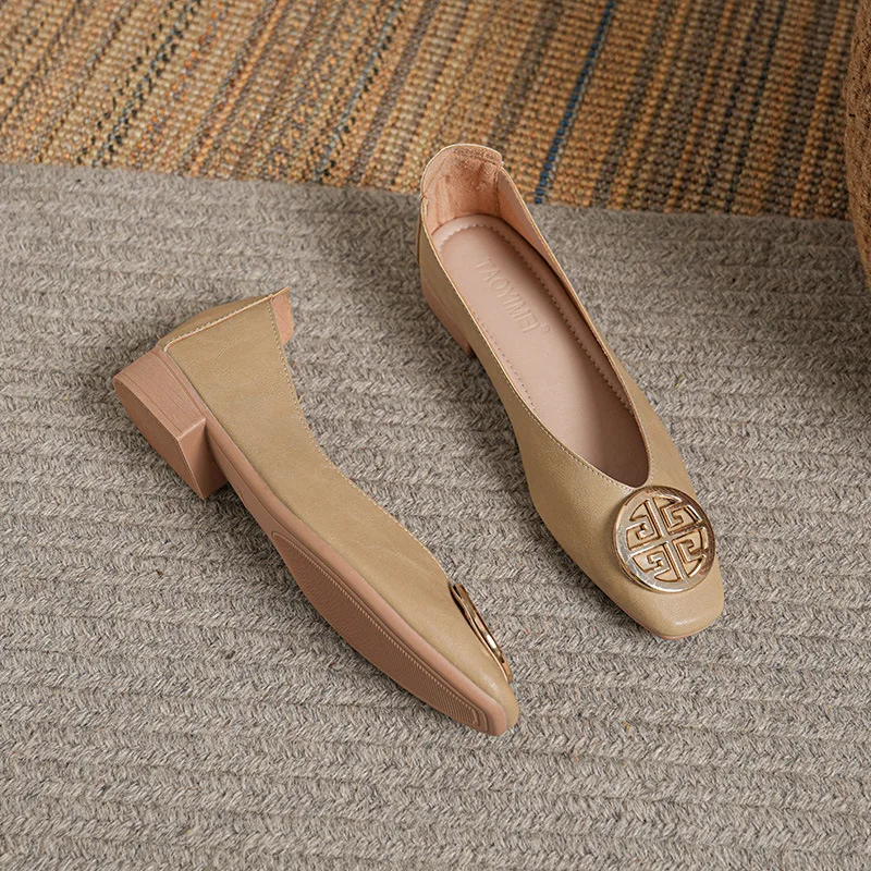 New Boat Shoes for Women Low Heels Pumps Genuine Leather Metal High Heels Shoes OL Daily Dress Shoes image 5