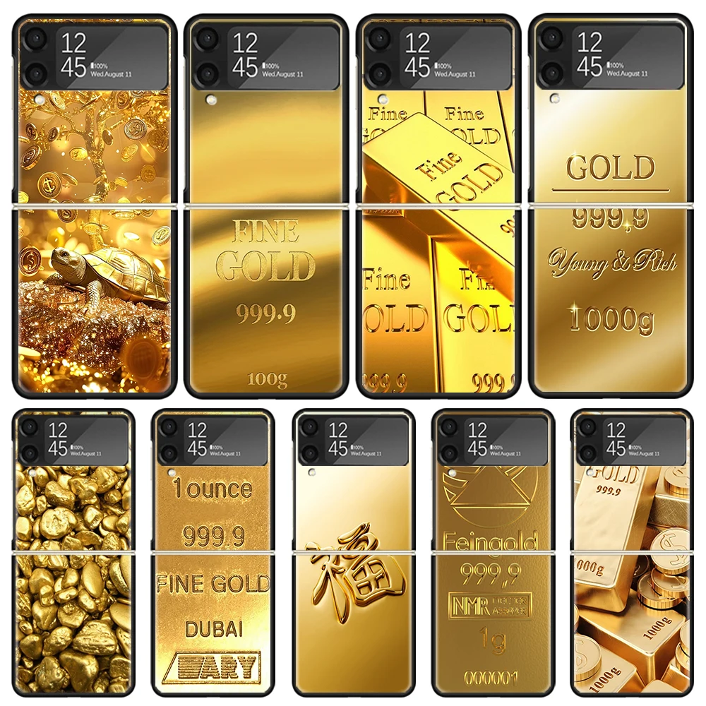 כיסויי טלפון שחורים עם הדפס דוגמת זהב לסמסונג Z Flip 6 5 4 3, קשיחים מסוג Galaxy ZFlip6 Flip5 Flip4 Flip3