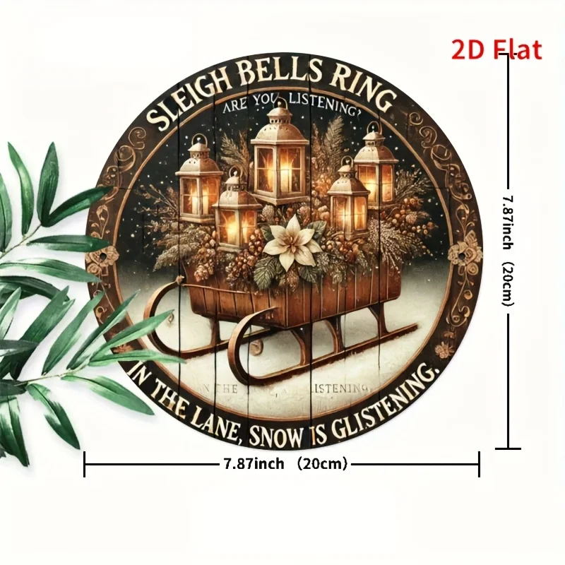 [مسطح [مسطح] قطعة واحدة من لافتة الحائط المعدنية الحديدية المستديرة - إكليل عيد الميلاد العتيق مع رجل الثلج والأجراس وفروع الصنوبر - متين للاستخدام الداخلي/الخارجي