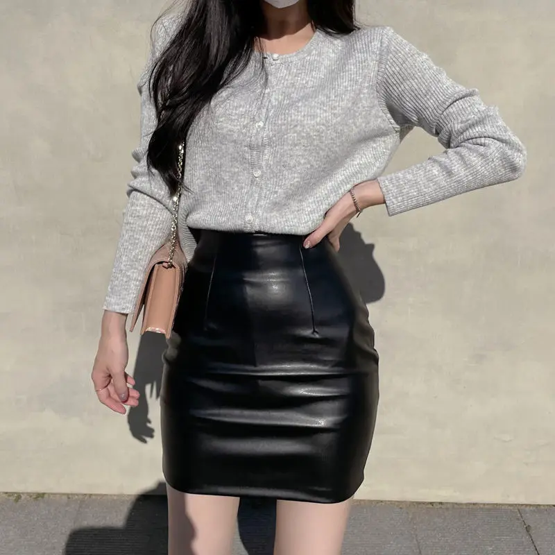 Black Mini Pu Leather Skirt Women Korean Fashion High-Waisted Elasticity Punk Style Bodycon Goth Sexy Skirts Female