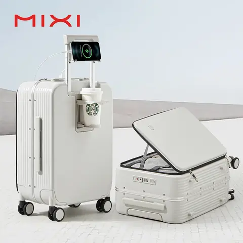 Mixi 새로운 알루미늄 프레임 가방 USB 포트 탑승 캐빈 컵 및 전화 홀더가있는 롤링 수하물 운반 20 24 인치