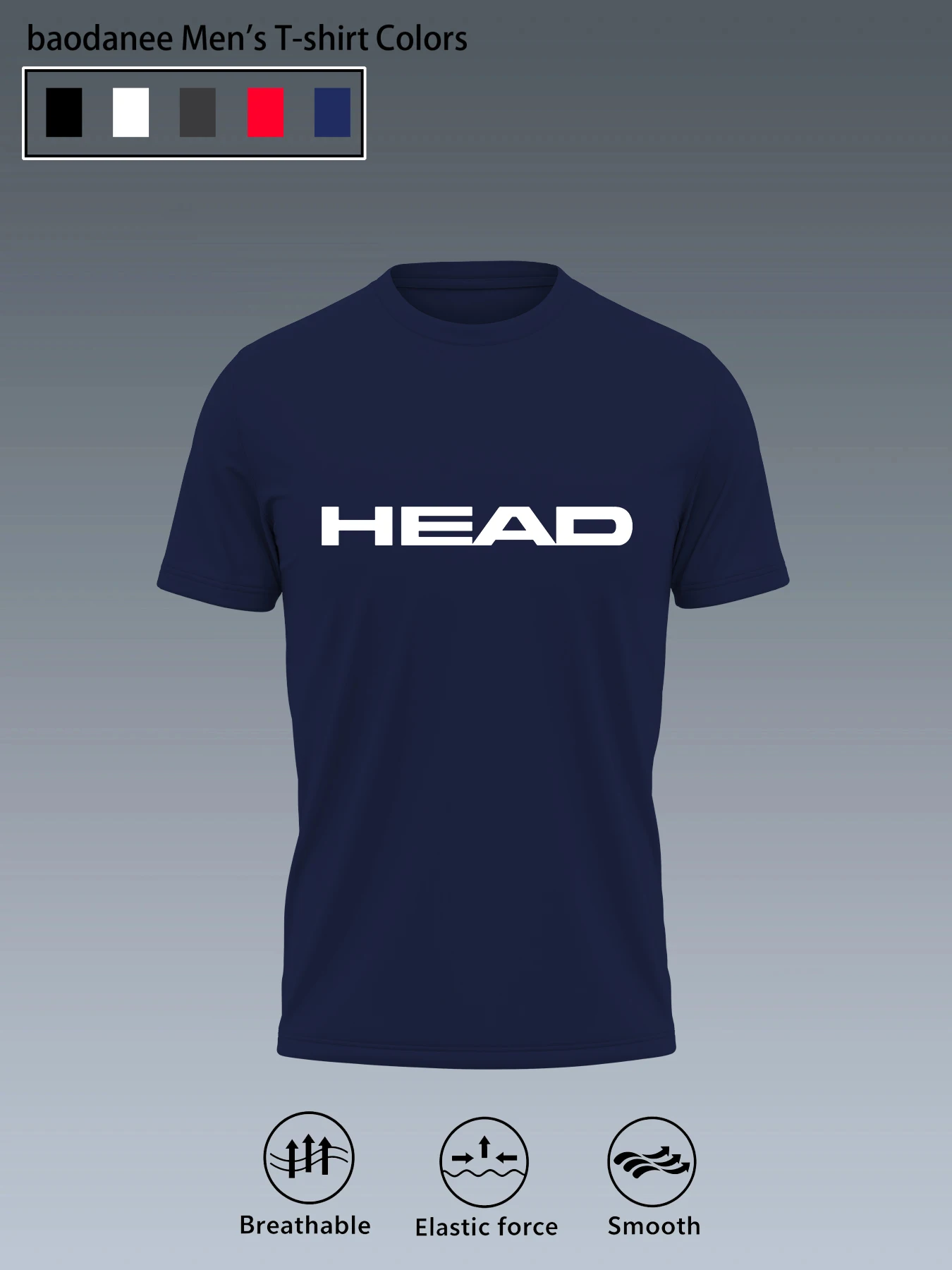 HEAD Letter Print Men Sports T‑shirt Breathable Elastic Smooth Short Sleeve Tops For Tennis Running Gym Training Daily Wear image 3