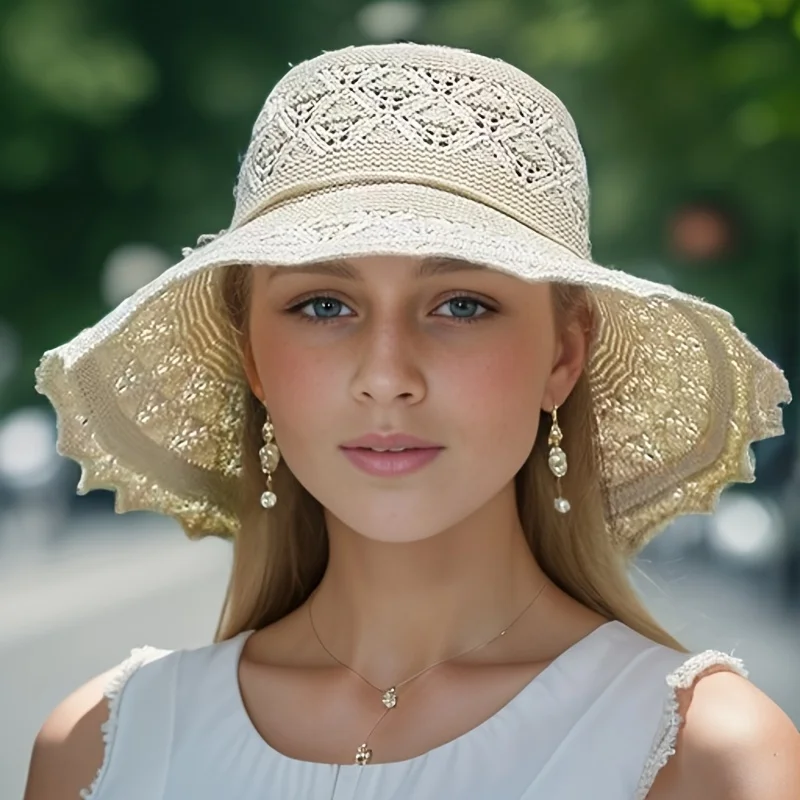 Washable Breathable Foldable Hat Women's Fashion Hollow Sun Hat Large Brimmed Beach Hat