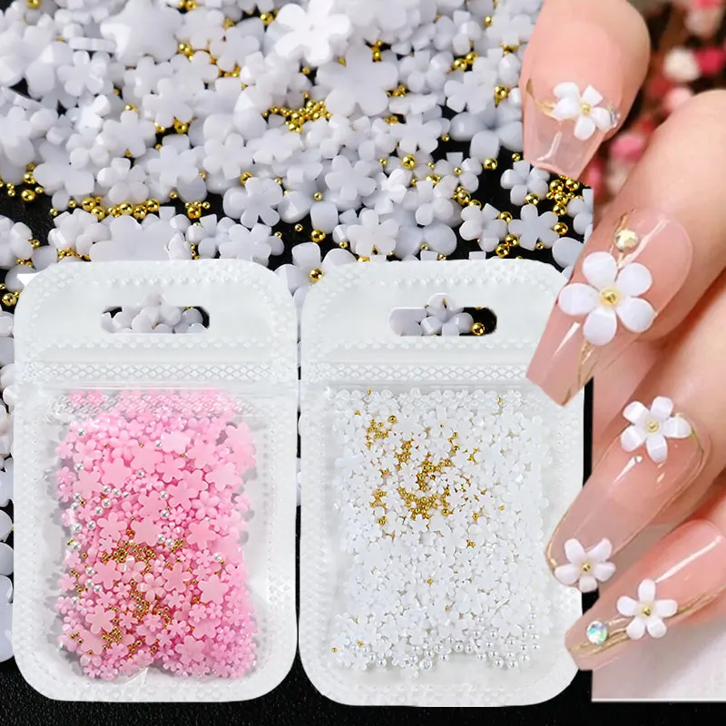 1000Pcs White Pink Blossom Spring Acrylic Flower Nail Rhinestones Mixed Pearl Beads 3D Floral Nail Gems White Resin Nail Parts