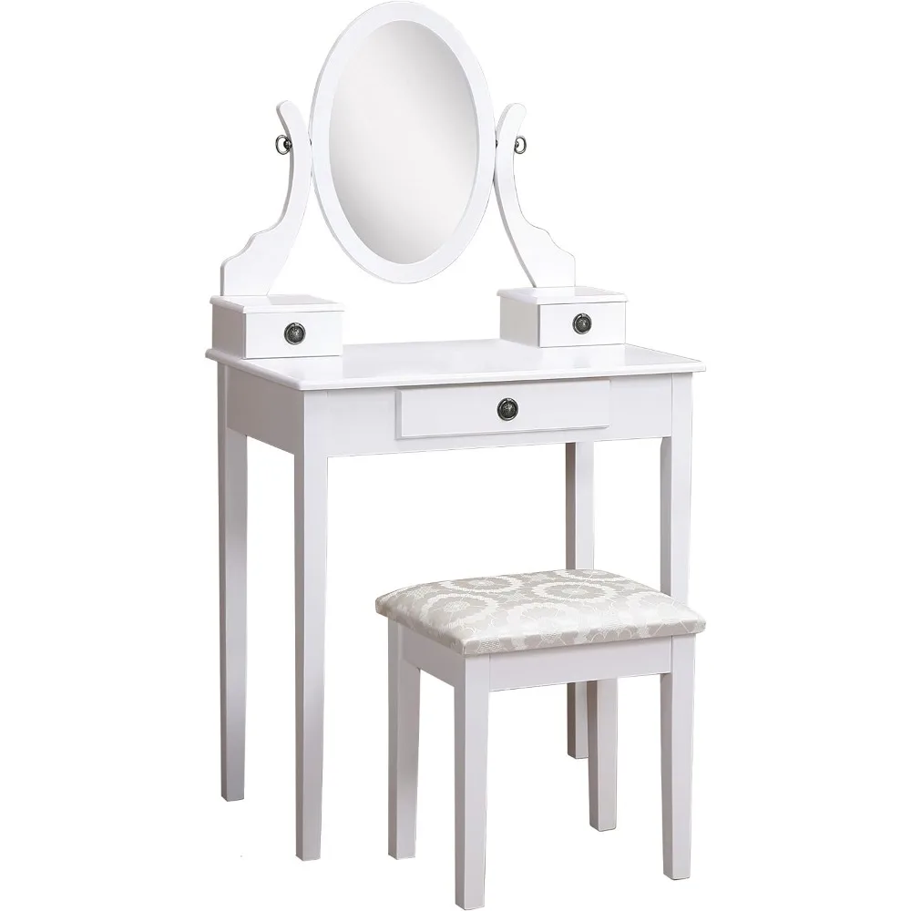 

White Wood Vanity Table and Stool Set (3415WH) Medium 15.75"D x 30"W x 52.5"H