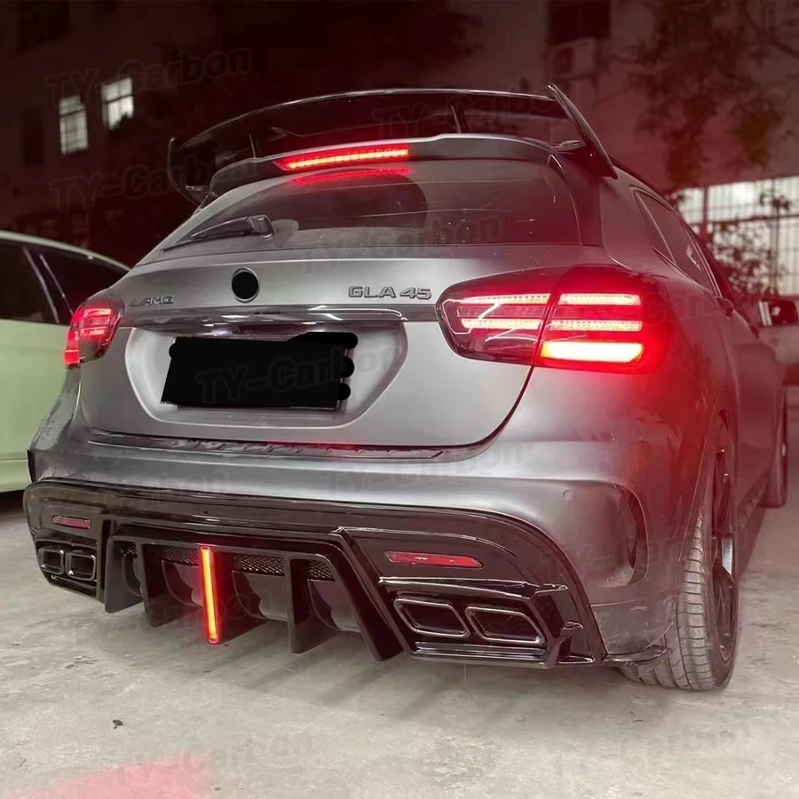 Real Carbon Fiber Rear Bumper Lip Diffuser Cover Exhaust Tips With Light For Benz X156 GLA220 260 GLA45 AMG FRP 2014-2019