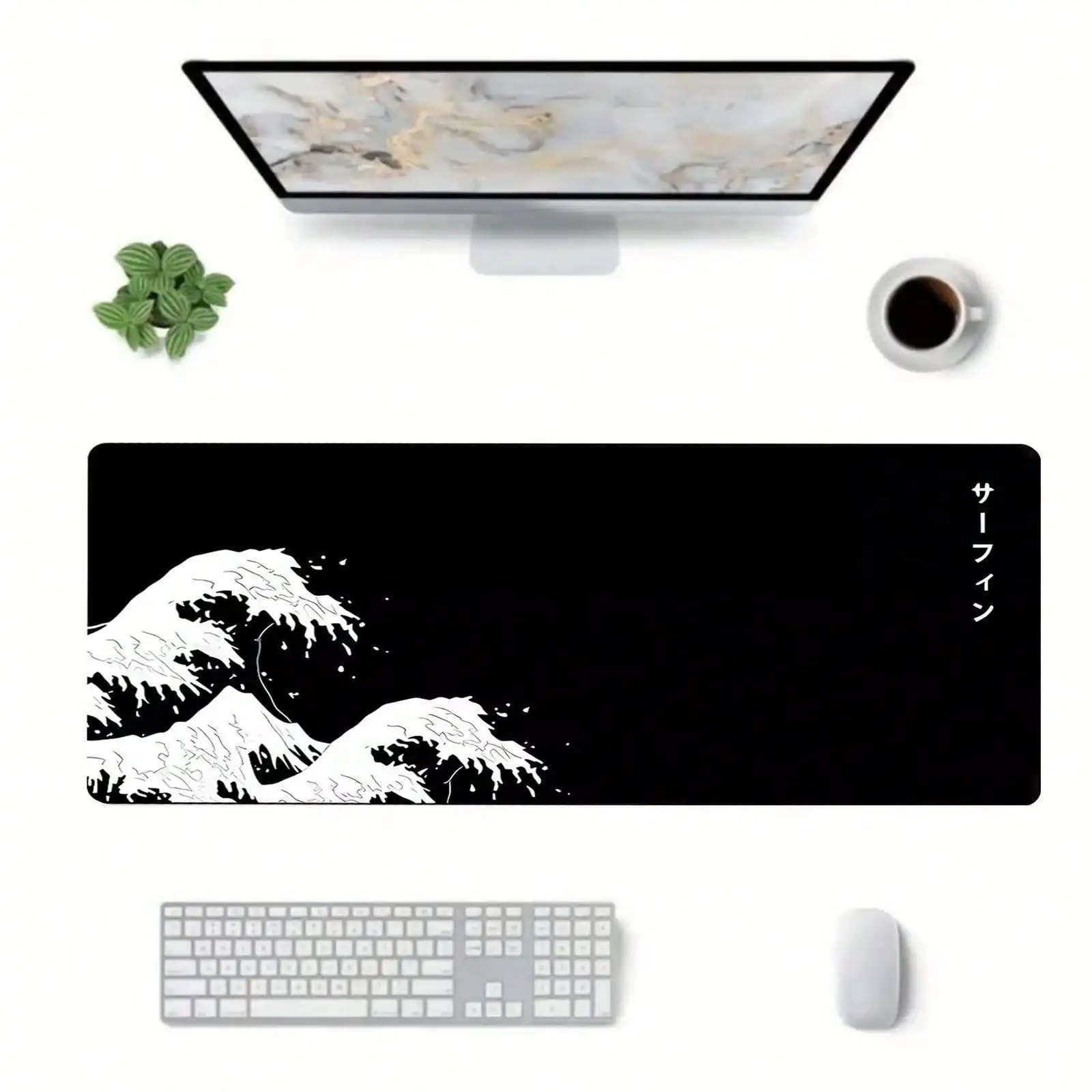 Japanese Gaming Mouse Pad White Wave Mousepad Large Kanagawa Black 40x90cm Desk Mat Non-Slip Rubber Base Edge Stitching Office